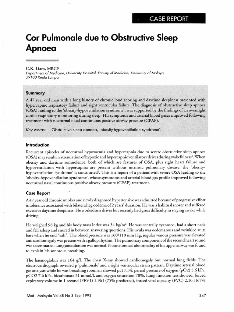 Cor Pulmonale from Sleep Apnoea Case Study | PDF | Sleep Apnea | Medicine