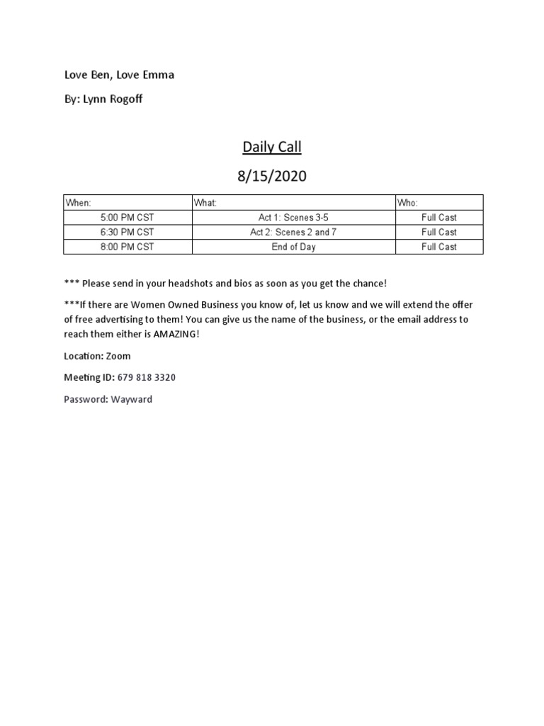 Daily Call for Love Ben, Love Emma | PDF