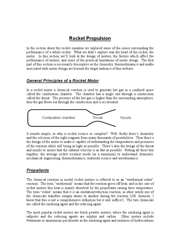 Rocket Propulsion: General Principles of A Rocket Motor | PDF