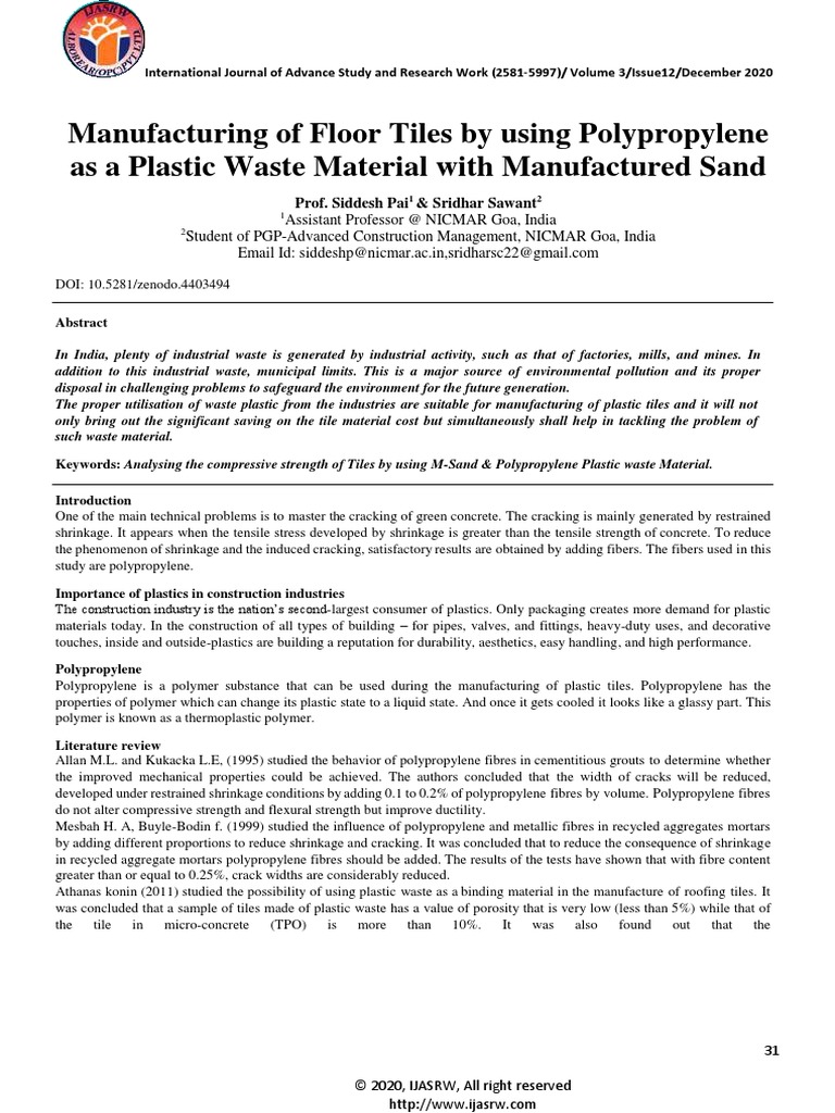 Manufacturing of Floor Tiles by Using Polypropylene As A Plastic Waste ...