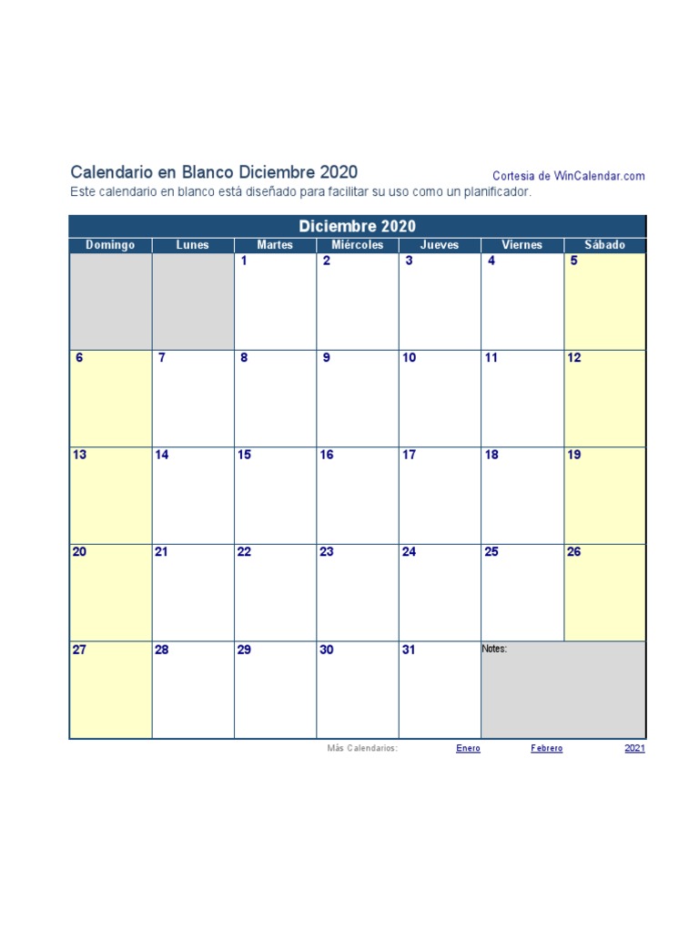 Calendario Diciembre 2020