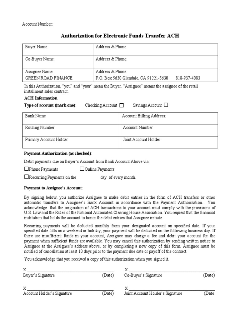 ACH Payment Authorization Form | PDF | Automated Clearing House | Payments