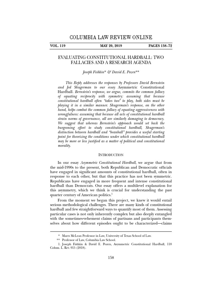 Columbia Law Review Online Evaluating Constitutional Hardball Two Fallacies and A Research