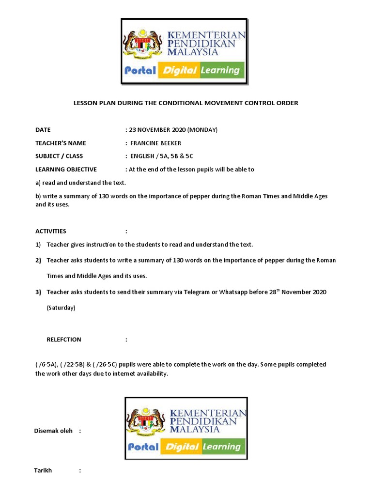 Lesson Plan During The Conditional Movement Control Order | PDF ...