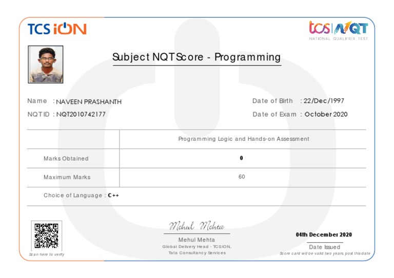 NQT Programming Score Card - Mehul Mehta | PDF