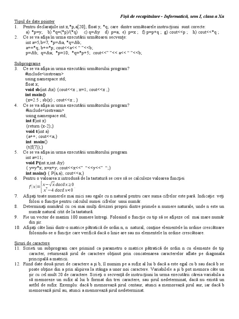 Fișă de Recapitulare 10 Sem 1 Informatica Intensiv | PDF