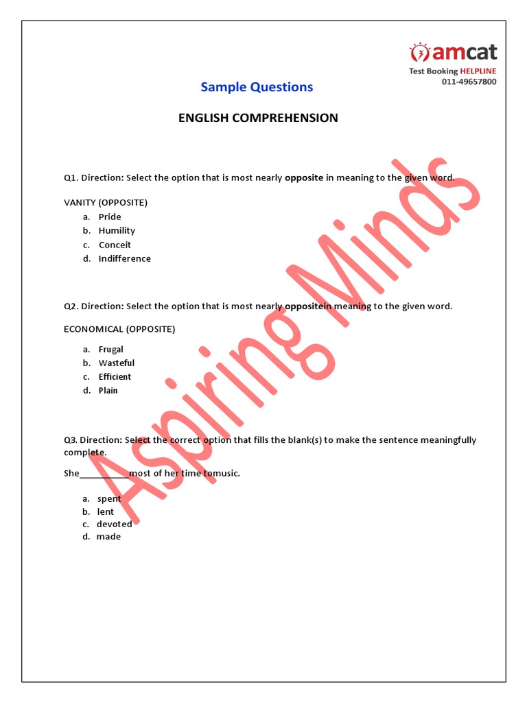 English Comprehension Sample Questions | PDF