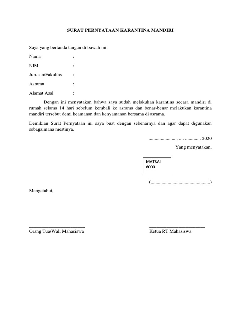 Surat Pernyataan Karantina Mandiri 1