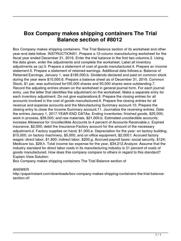 Box Company Makes Shipping Containers The Trial Balance Section of