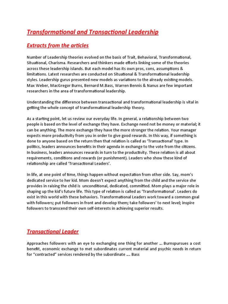 Transformational vs. Transactional Leadership | PDF | Transformational ...