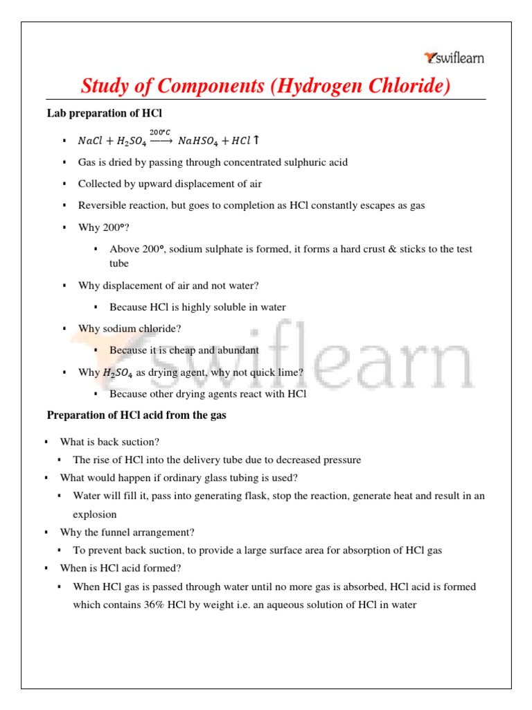 Study of Components (Hydrogen Chloride) Lab Preparation of HCL PDF Hydrochloric Acid