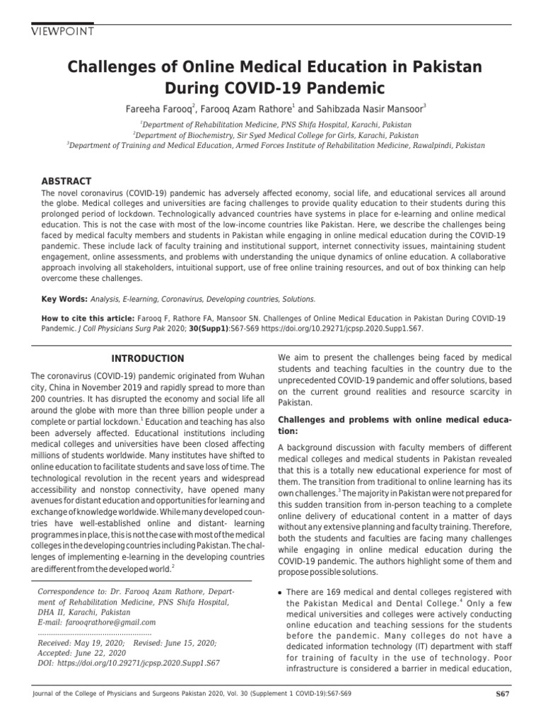Online Medical Education Challenges in Pakistan | PDF | Educational ...