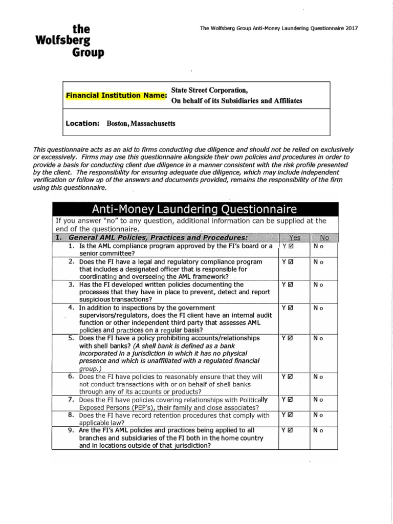 Wolfsberg AML Questionnaire 2017 | PDF | Money Laundering | Financial ...
