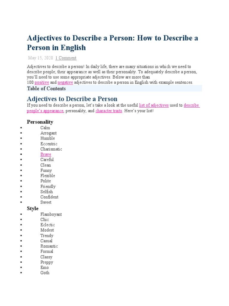 Adjectives to Describe People in English | PDF | Cultural Trends ...