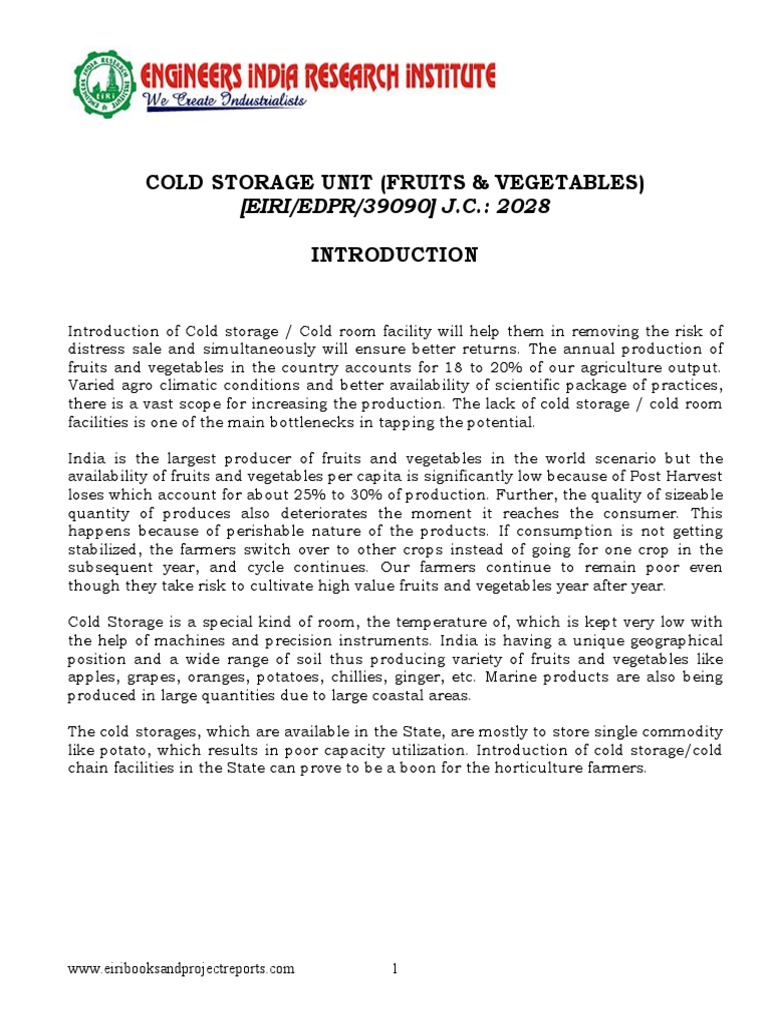 Cold Storage Project for Fruits & Vegetables | PDF | Refrigeration ...
