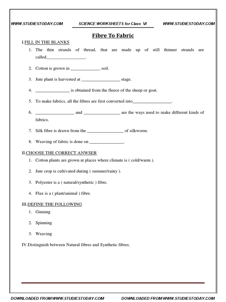 Class VI science worksheets on fibres and fabrics PDF Spinning