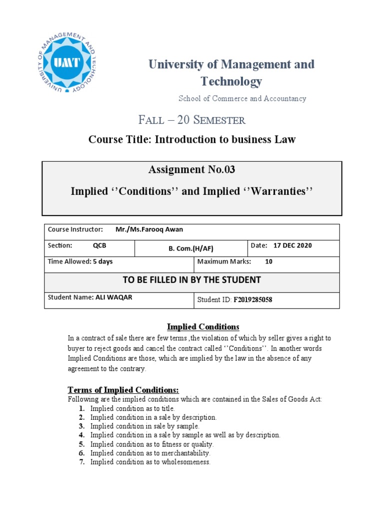 Implied Condition and Implied Warranties. PDF Implied Warranty