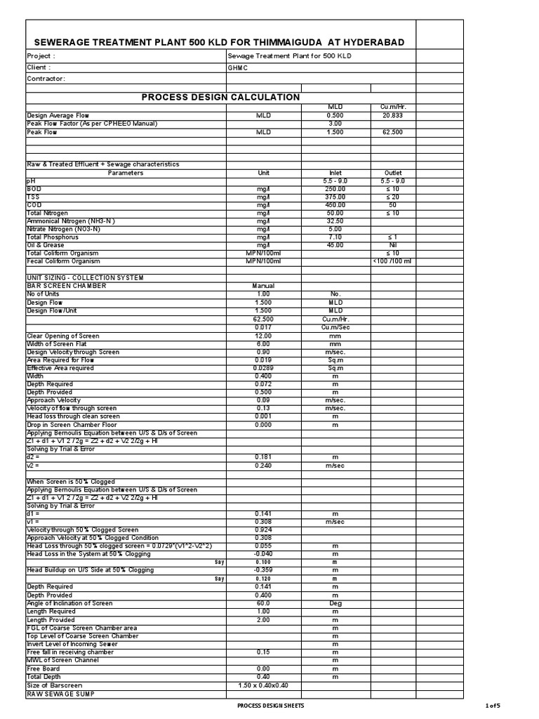 Process Design Calculations for a 500 KLD Sewage Treatment Plant in ...