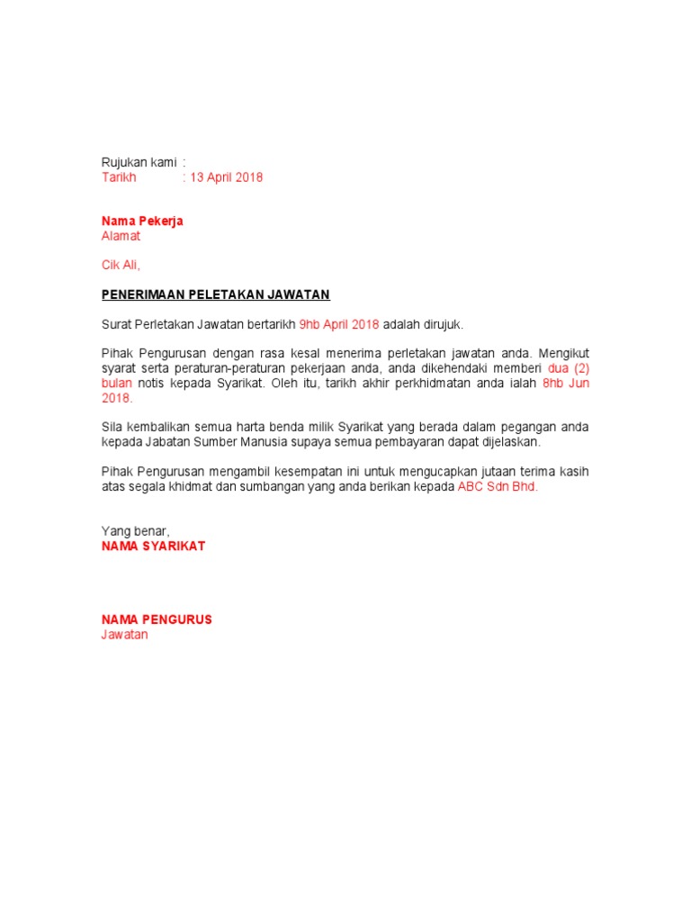 8 Contoh Surat Penerimaan Perletakan Jawatan Pdf