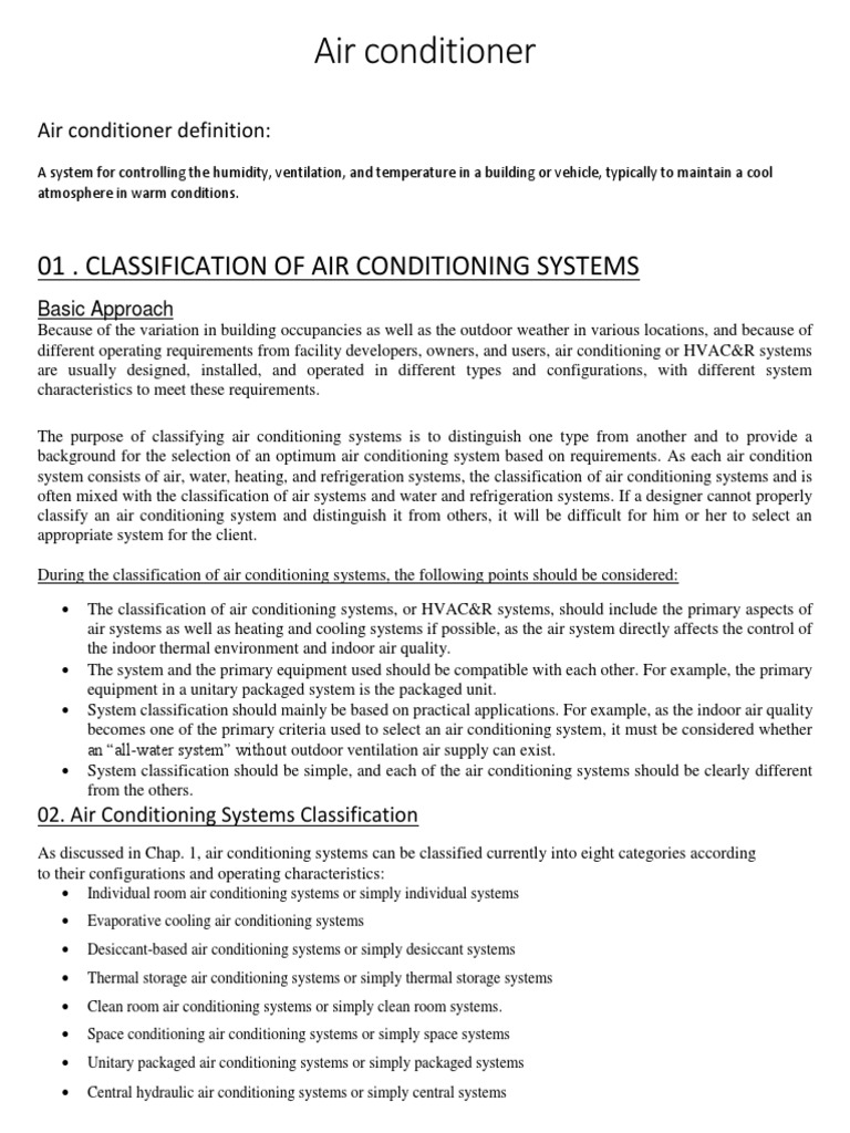 Air Conditioner 01 Classification of Air Conditioning Systems PDF