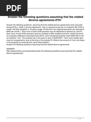 Answer the Following Questions Assuming That the Related Divorce Agreements