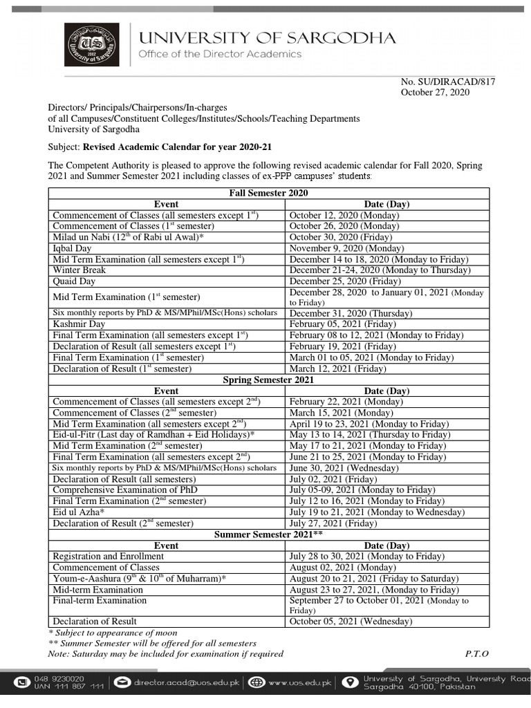 Revised Academic Calendar For Year 2020-21 UOS | PDF | Academic Term |  Course Credit