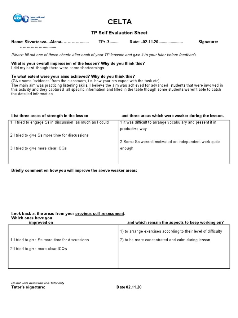 Celta: TP Self Evaluation Sheet | PDF