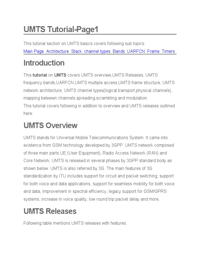 Umts Tutorial Page1 Main Page Architecture Stack Channel Types Bands