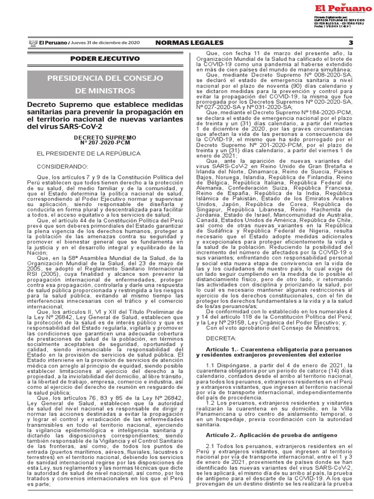 Decreto Supremo Que Establece Medidas Sanitarias para Prevenir La ...