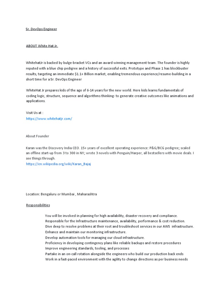 Sr. DevOps Engineer Role at WhiteHat Jr | PDF | Amazon Web Services ...