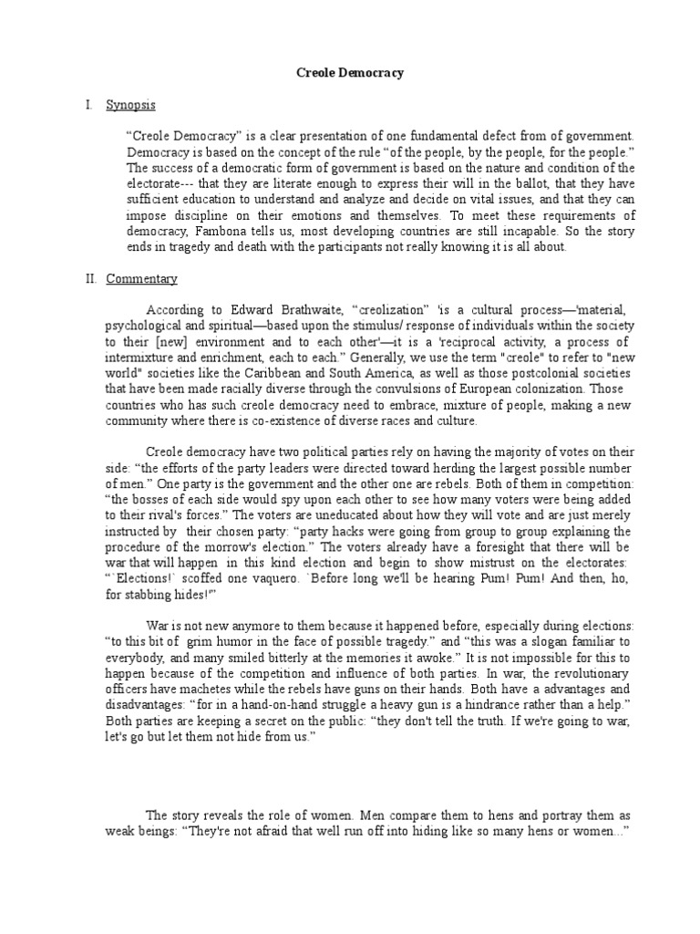 Analysis on Creole Democracy by Fambona Democracy