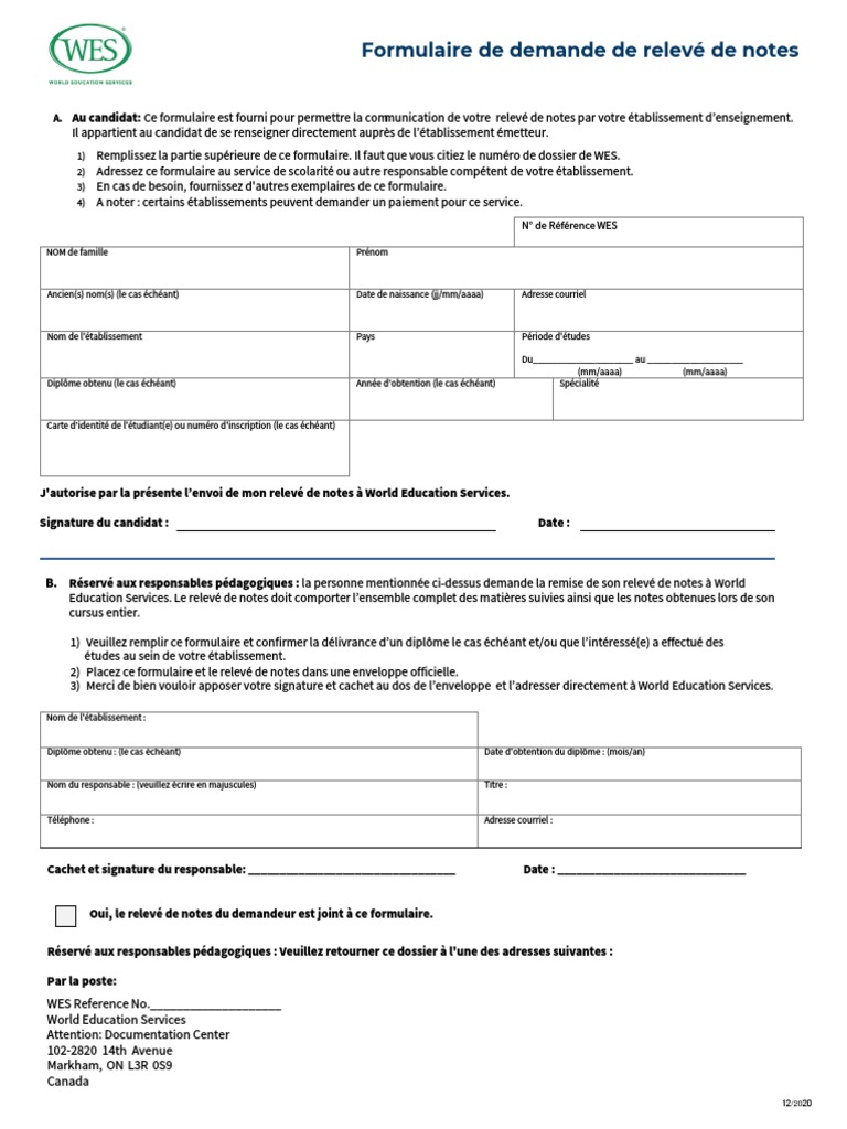 Formulaire de relevé de notes WES | PDF | Business