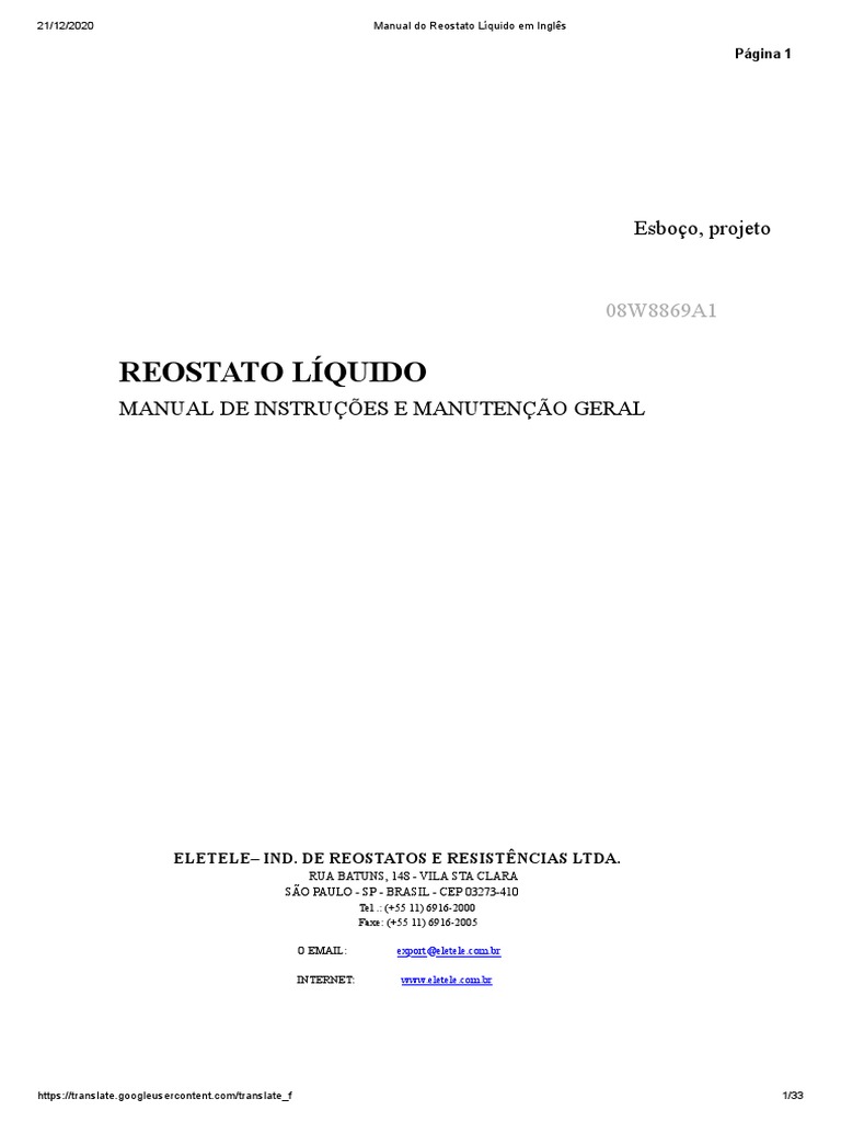 Liquid Rheostat Installation, Operation and Maintenance Manual PDF