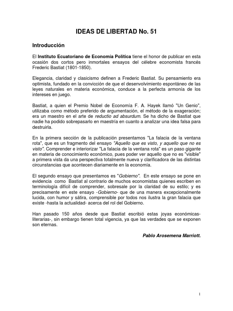 Bastiat La Falacia de La Ventana Rota PDF Ensayos Ecuador