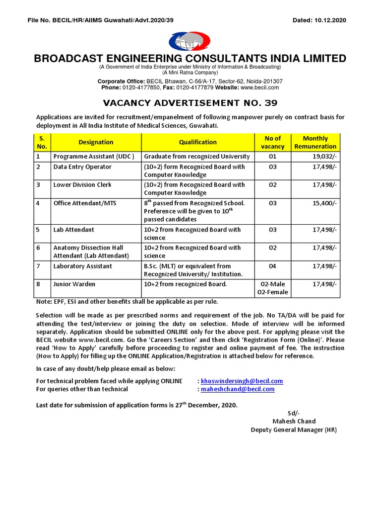 Broadcast Engineering Consultants India Limited Vacancy Advertisement