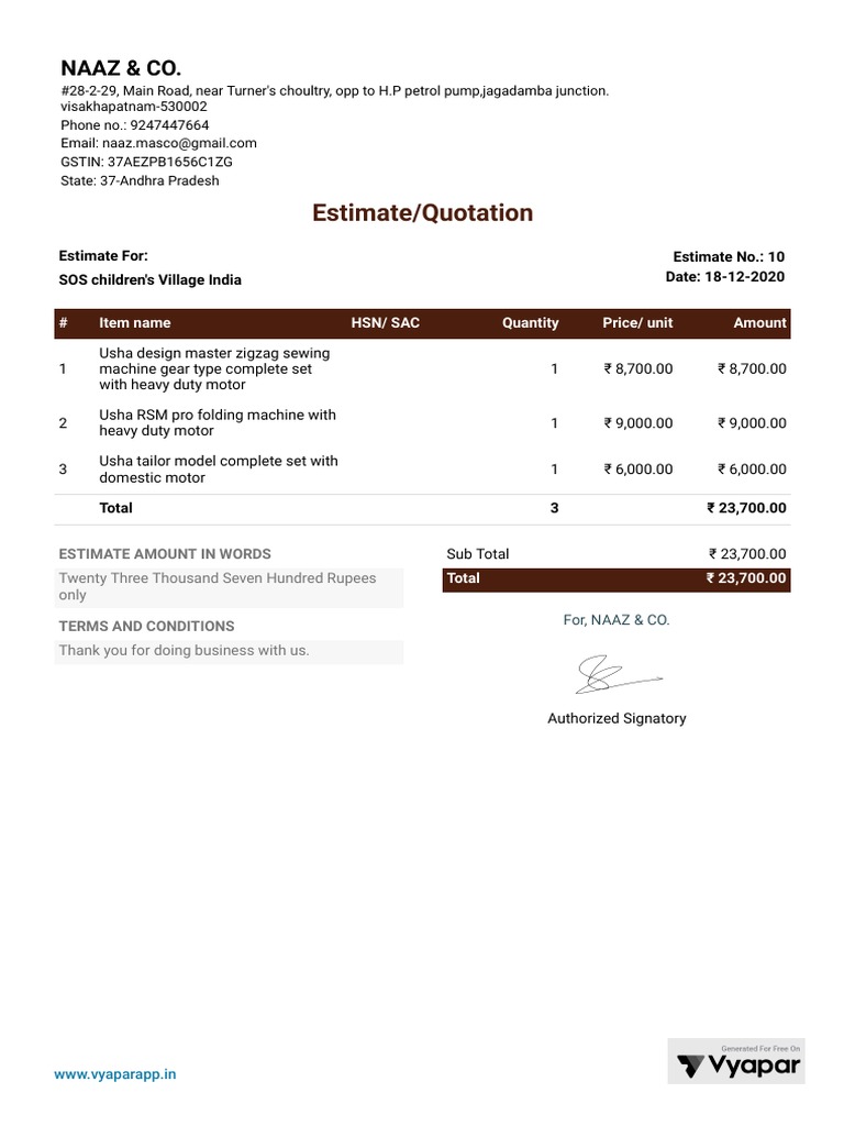 Sewing Machine Quotation for SOS India | PDF