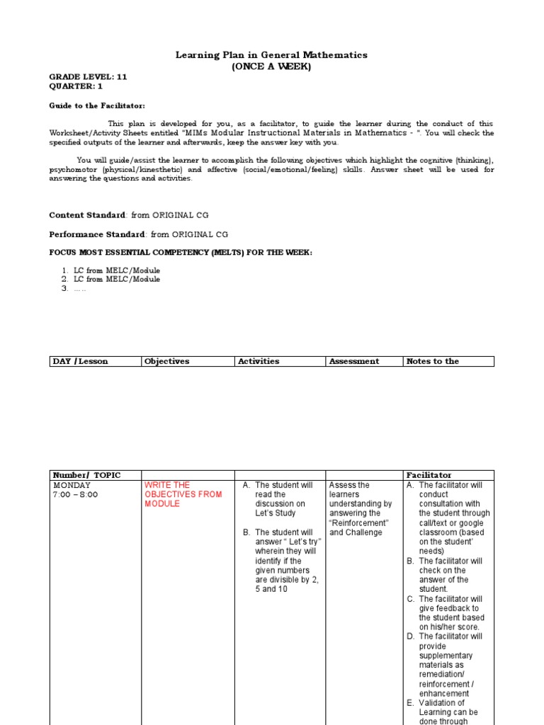 Grade 11 General Math Learning Plan | PDF | Facilitator | Learning
