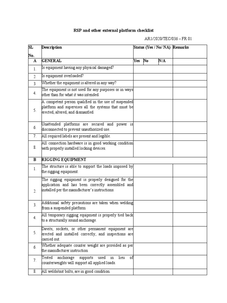 RSP Safety and Inspection Checklist | PDF | Equipment | Manufactured Goods