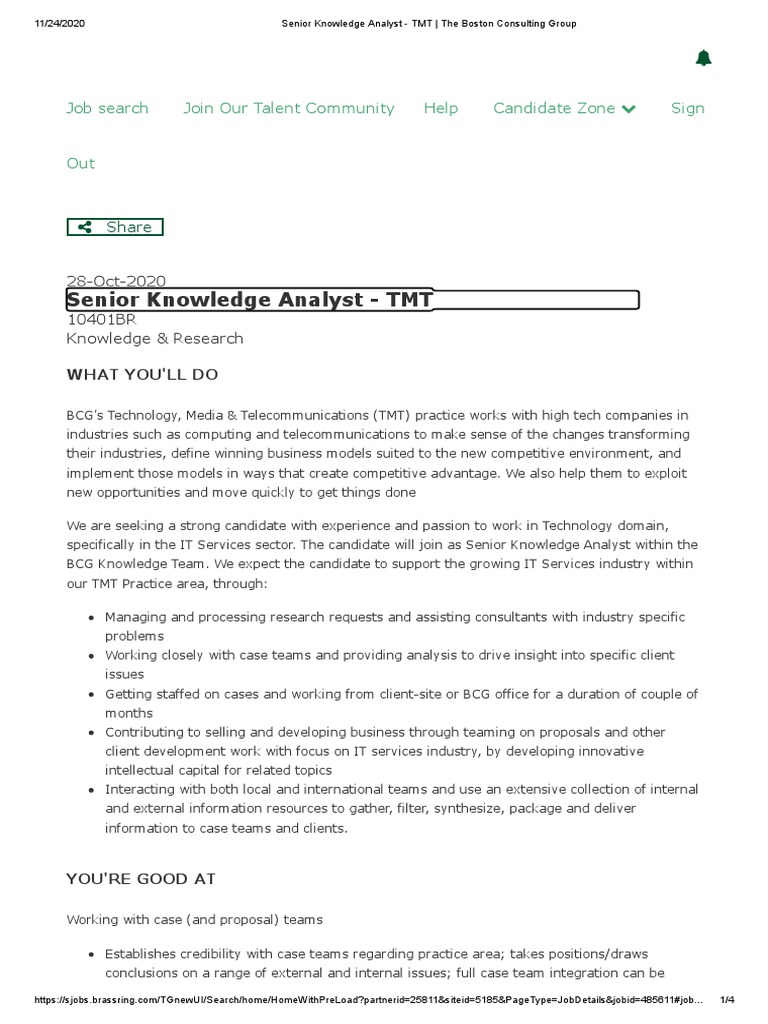BCG Senior Knowledge Analyst TMT The Boston Consulting Group