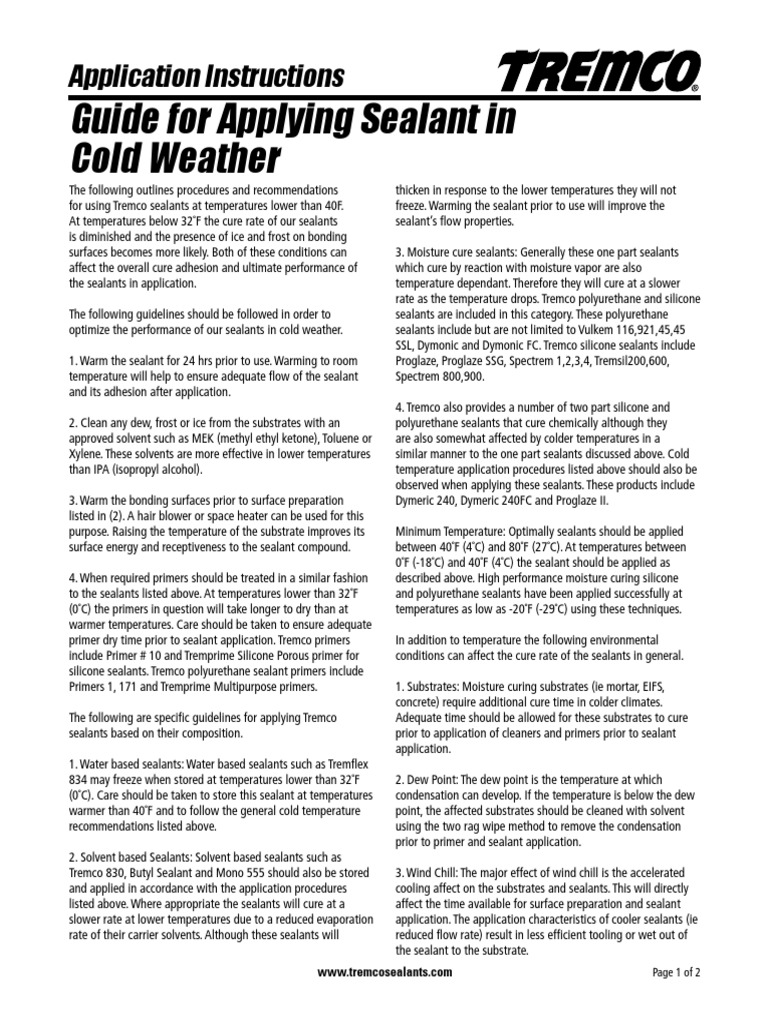 Tremco Guide For Applying Sealant in Cold Weather PDF | PDF | Silicone ...