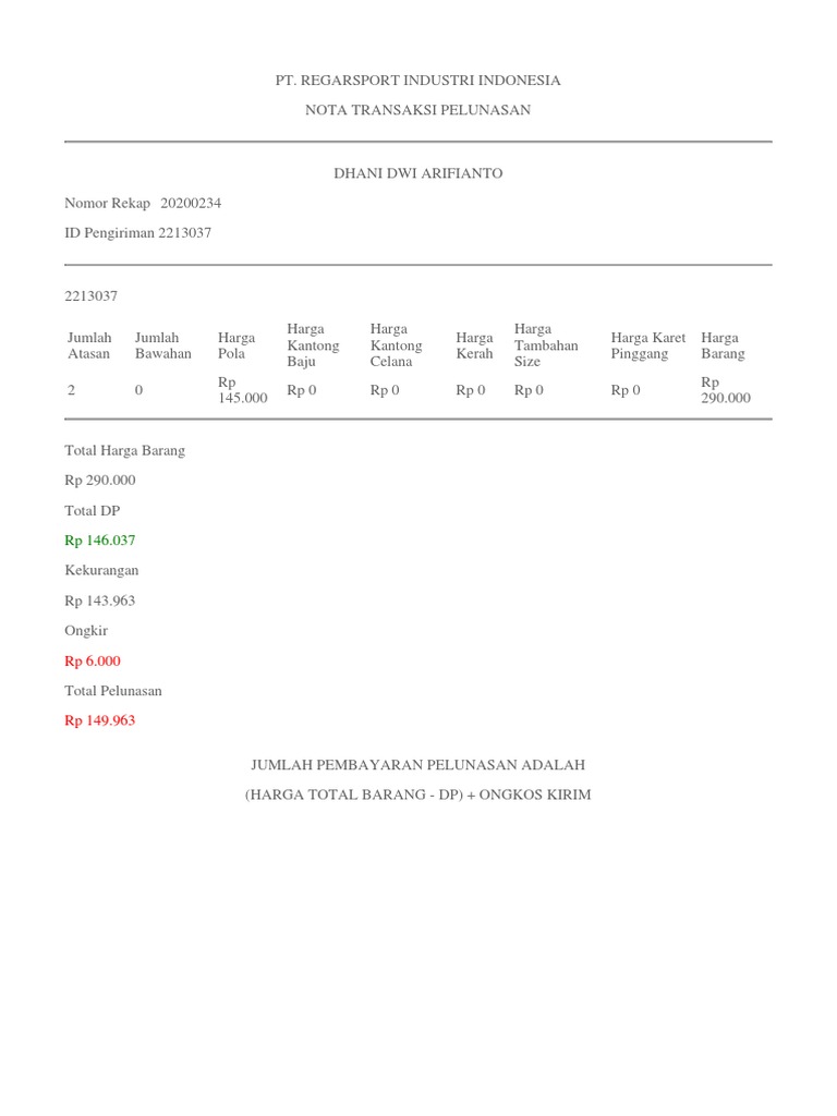 Nota Input Transaksi Pelunasan 2213037 | PDF