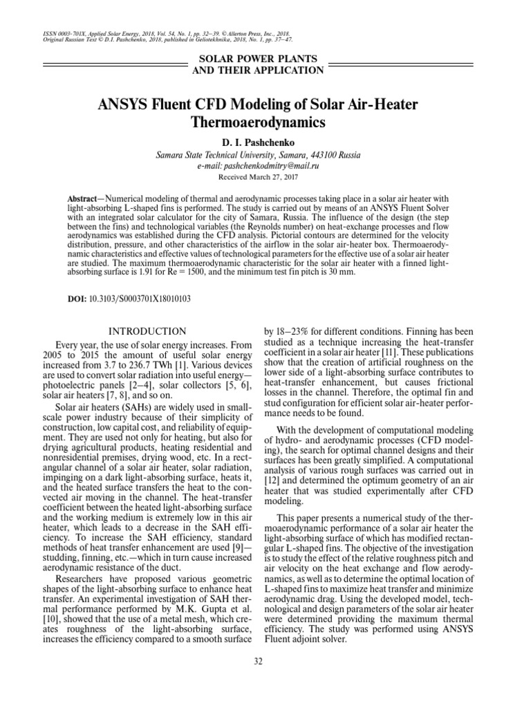 2018 ANSYS Fluent CFD Modeling of Solar Air-Heater Thermoaerodynamics ...