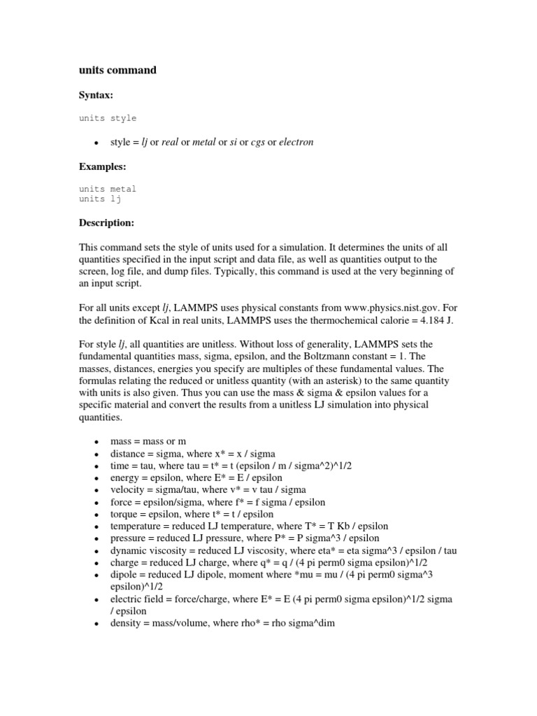 LAMMPS Units Command Guide | PDF | Crystal Structure | Particle
