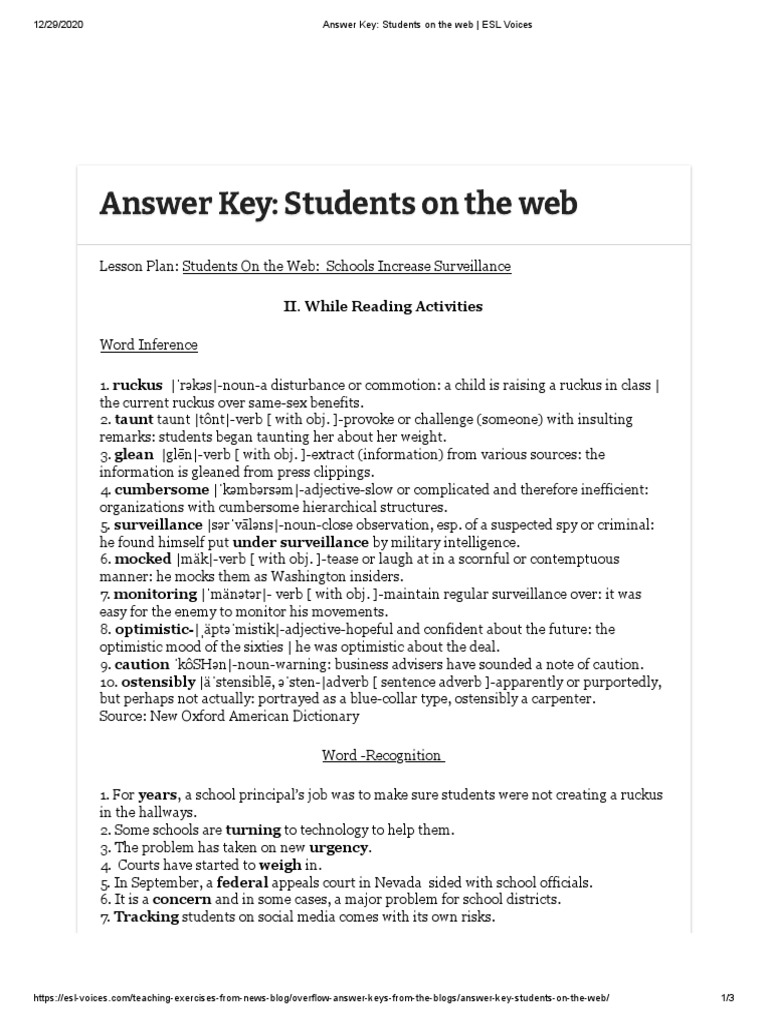 Answer Key - Students On The Web - ESL Voices | PDF | Online And ...