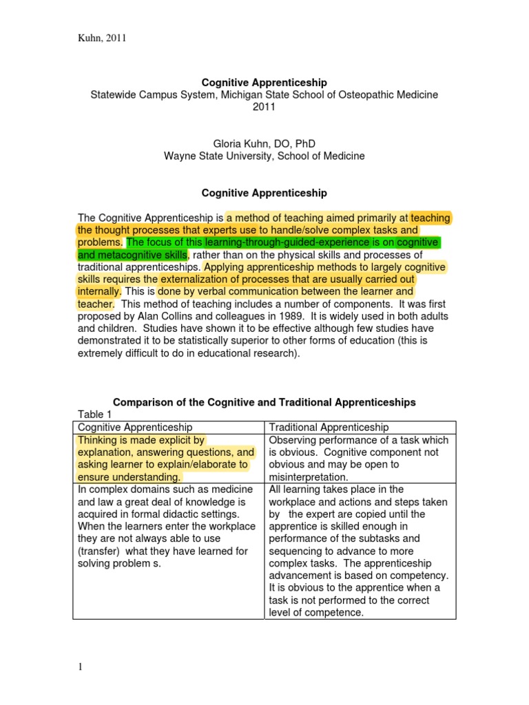 Cognitive Apprenticeship PDF Educational Psychology Education Theory