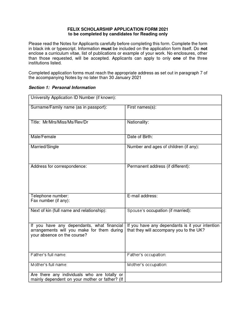 Felix Scholarship Application Form 2021 | PDF | Academic Degree ...