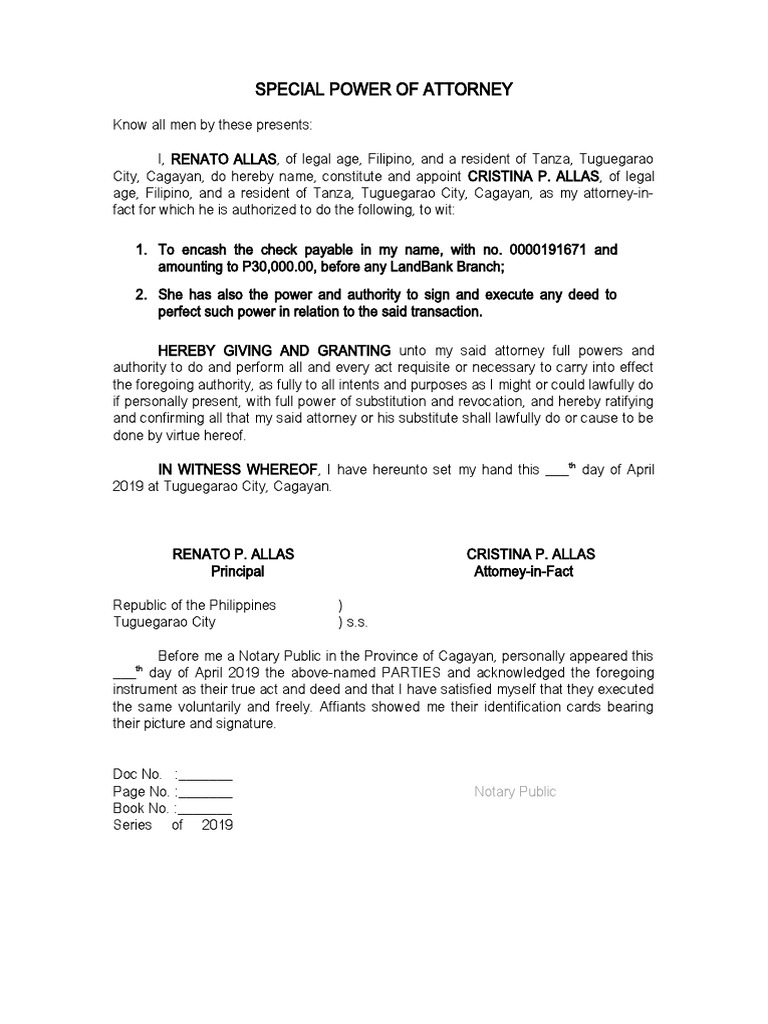 Special Power of Attorney for Check Encashment | PDF | Law