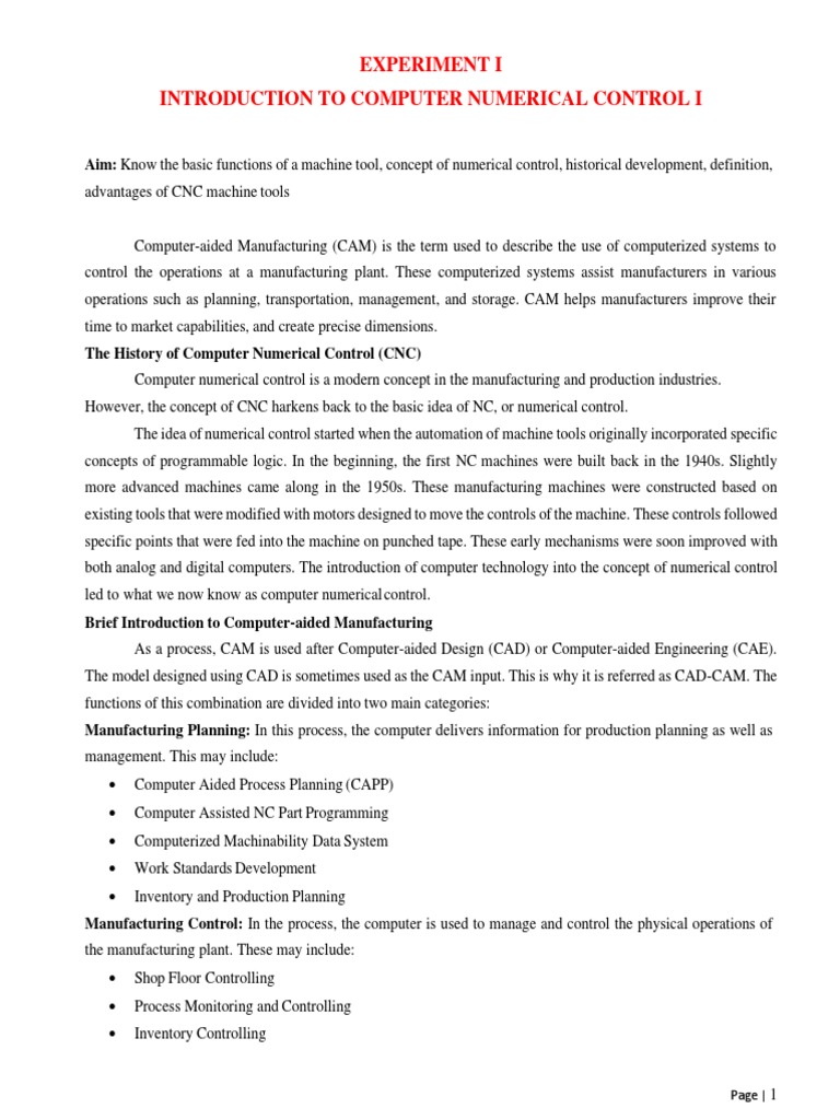 Experiment I Introduction To Computer Numerical Control I: Page | PDF ...