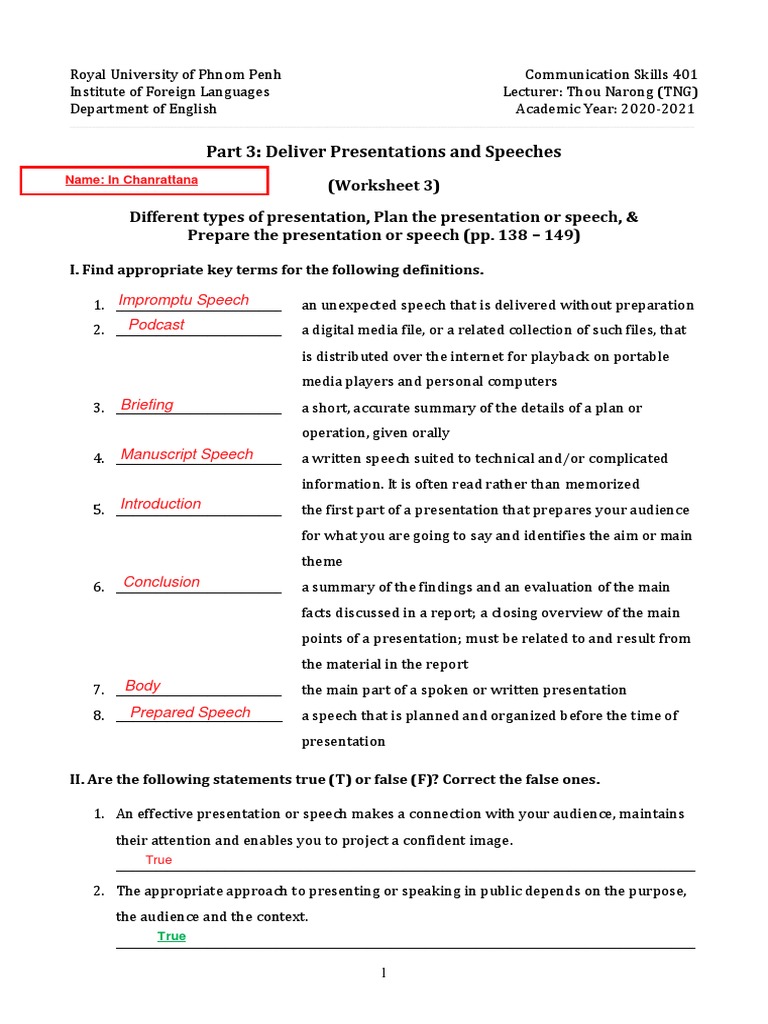 Presentation Skills Worksheet 401 | PDF | Public Speaking | Idea