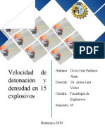 Densidad y Velocidad de Detonacion en 15 Explosivos